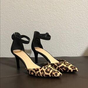 KELLY & KATIE Leopard Print Ankle Strap Heels